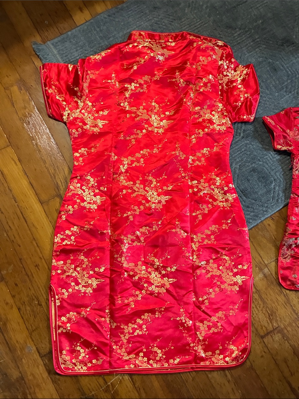 Red Satin Floral women’s Cheongsam Dress with Gold Accents - Picture 2 of 4